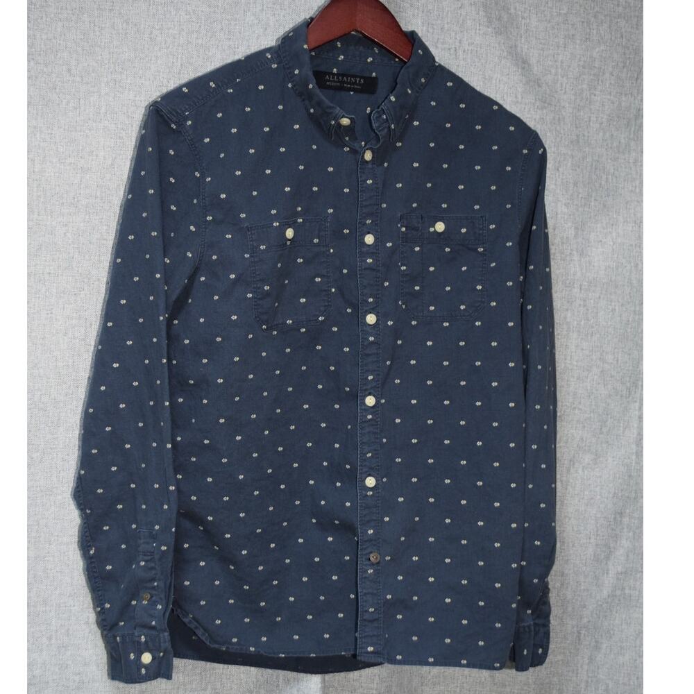 AllSaints Mens Medium Blue Printed Button Down Shirt Dual Pocket Cotton